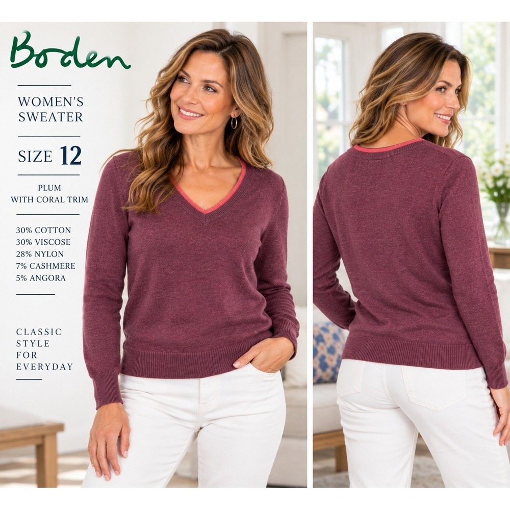 BODEN Womens 12 Plum Coral V Neck Sweater Cashmere Angora Cotton Blend #1910
